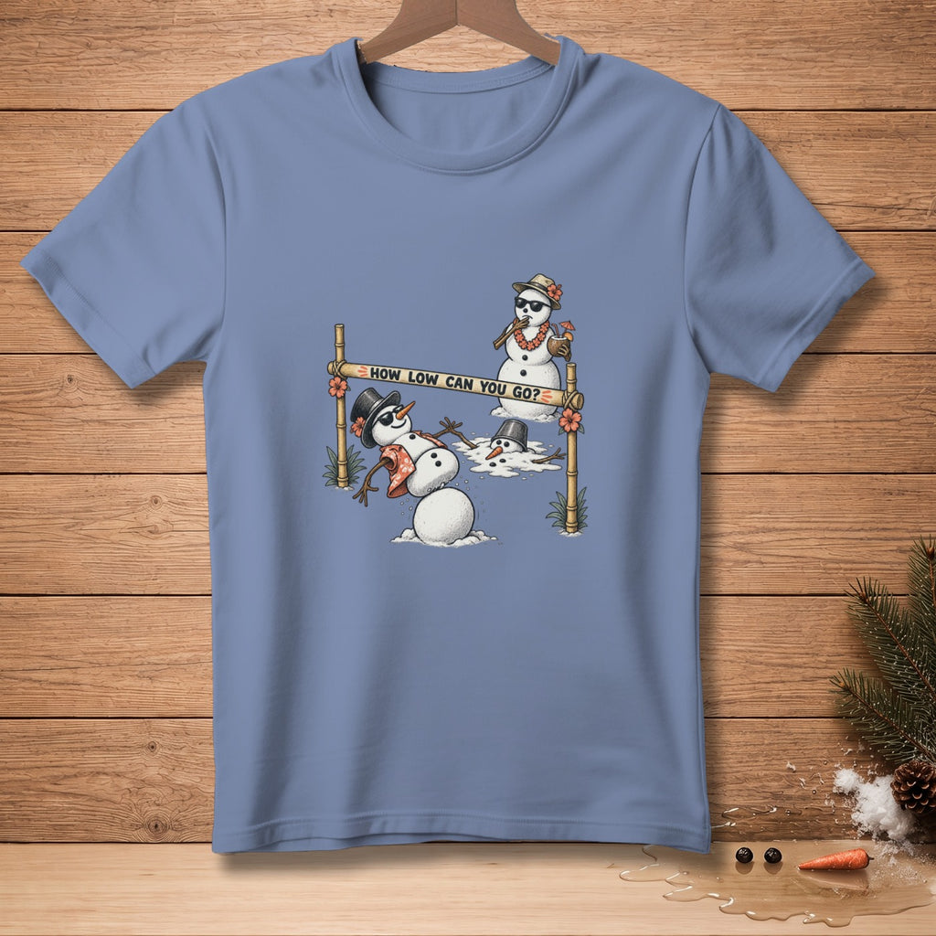 Snowmen doing limbo under a bar that reads "How Low Can You Go?".