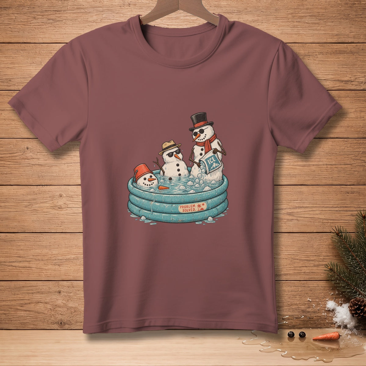 Three snowmen in a kiddie pool, one wearing a top hat and scarf, with "Problem Solved" text.