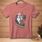 Melting snowman with luggage on a conveyor belt, "Personal Item" tag.