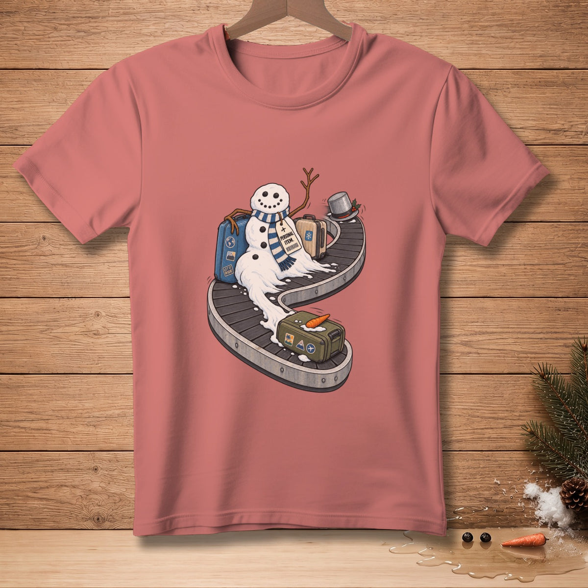 Melting snowman with luggage on a conveyor belt, "Personal Item" tag.