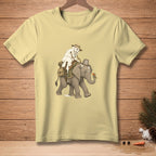 Melting snowman riding an elephant holding a carrot.