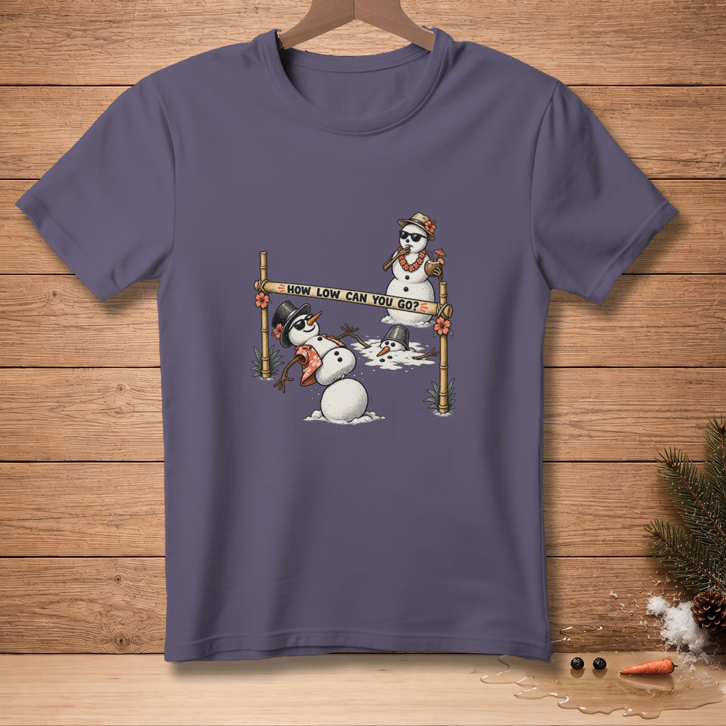 Snowmen limbo under a bar with the text "How Low Can You Go?".