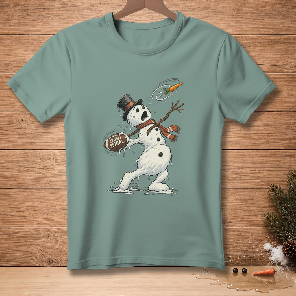 Melting snowman in top hat and scarf throwing a football with "Tight Spiral" text.