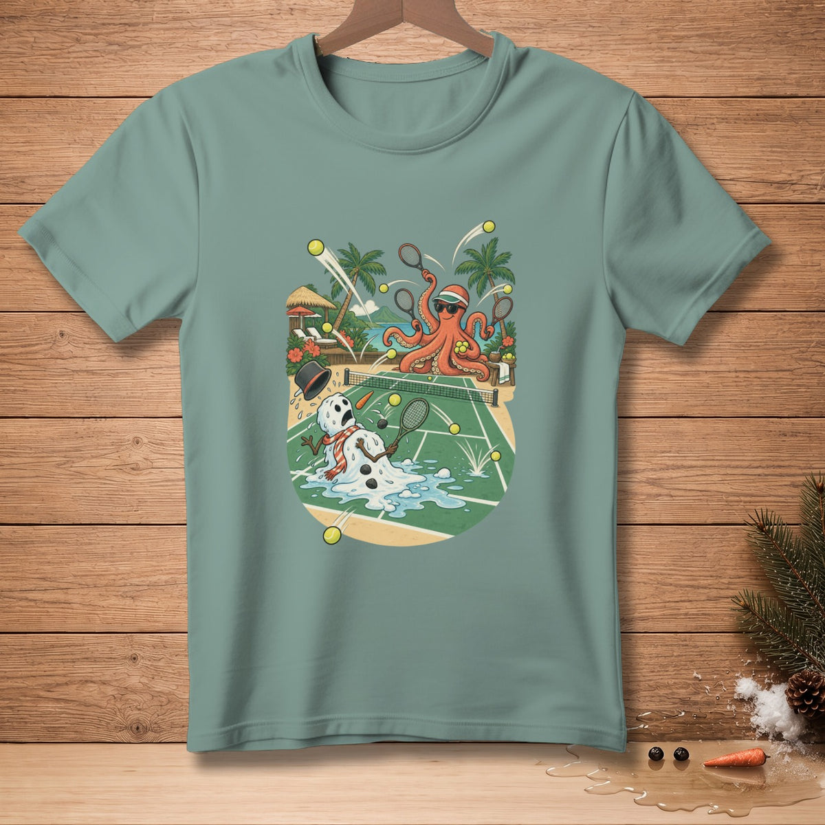 Octopus playing tennis against a melting snowman on a tropical court.