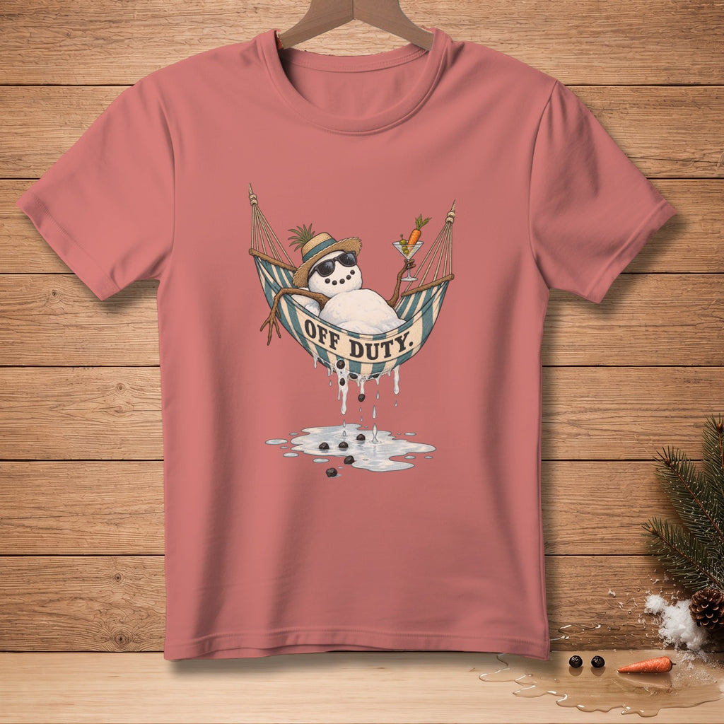 Snowman in a hammock with sunglasses, drinking a cocktail, text "OFF DUTY".