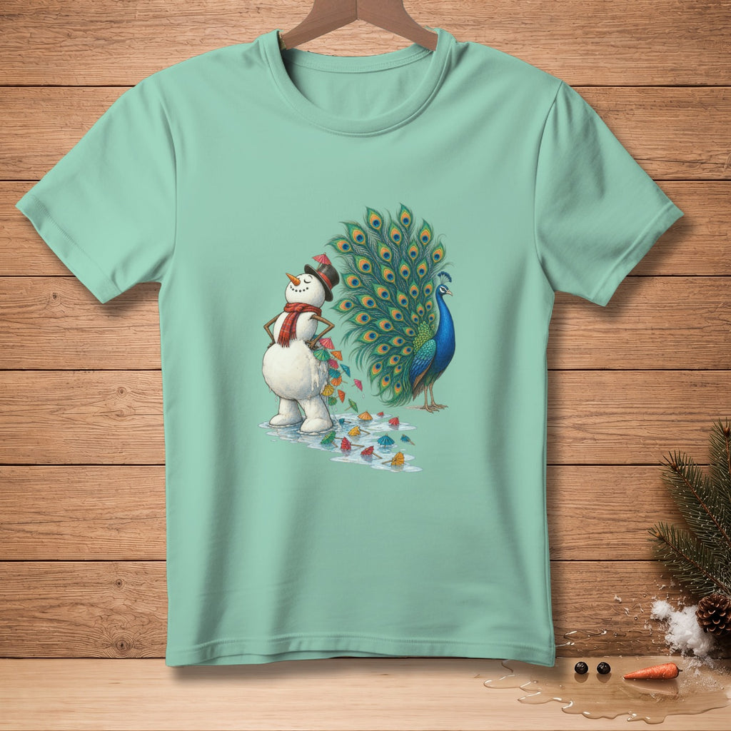 Snowman wearing a hat and scarf next to a peacock with fanned feathers.