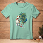 Snowman wearing a hat and scarf next to a peacock with fanned feathers.