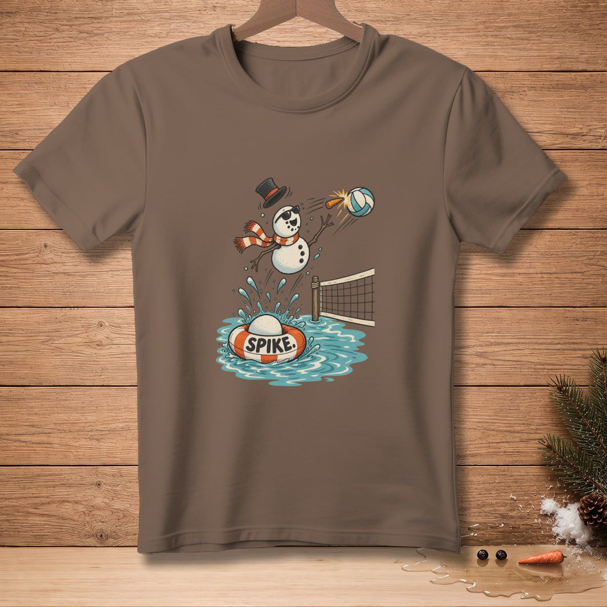Snowman playing volleyball with a life preserver labeled "SPIKE."