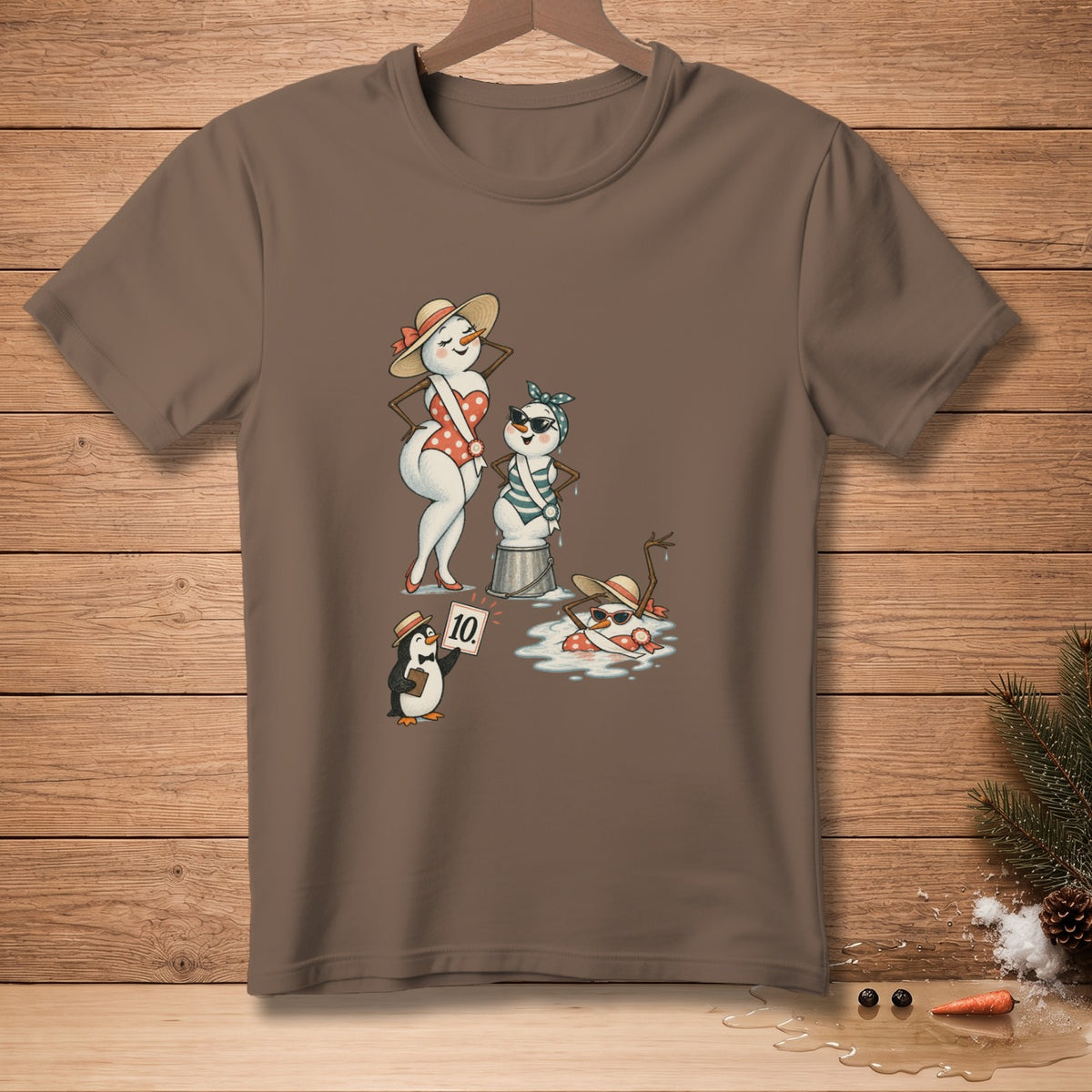 Three snowmen in swimsuits on a melting beach, one held by a penguin with a "10".