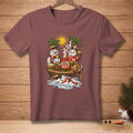 Two snowmen eating tacos under palm trees with melting snowmen and "Mild is Boring" label.