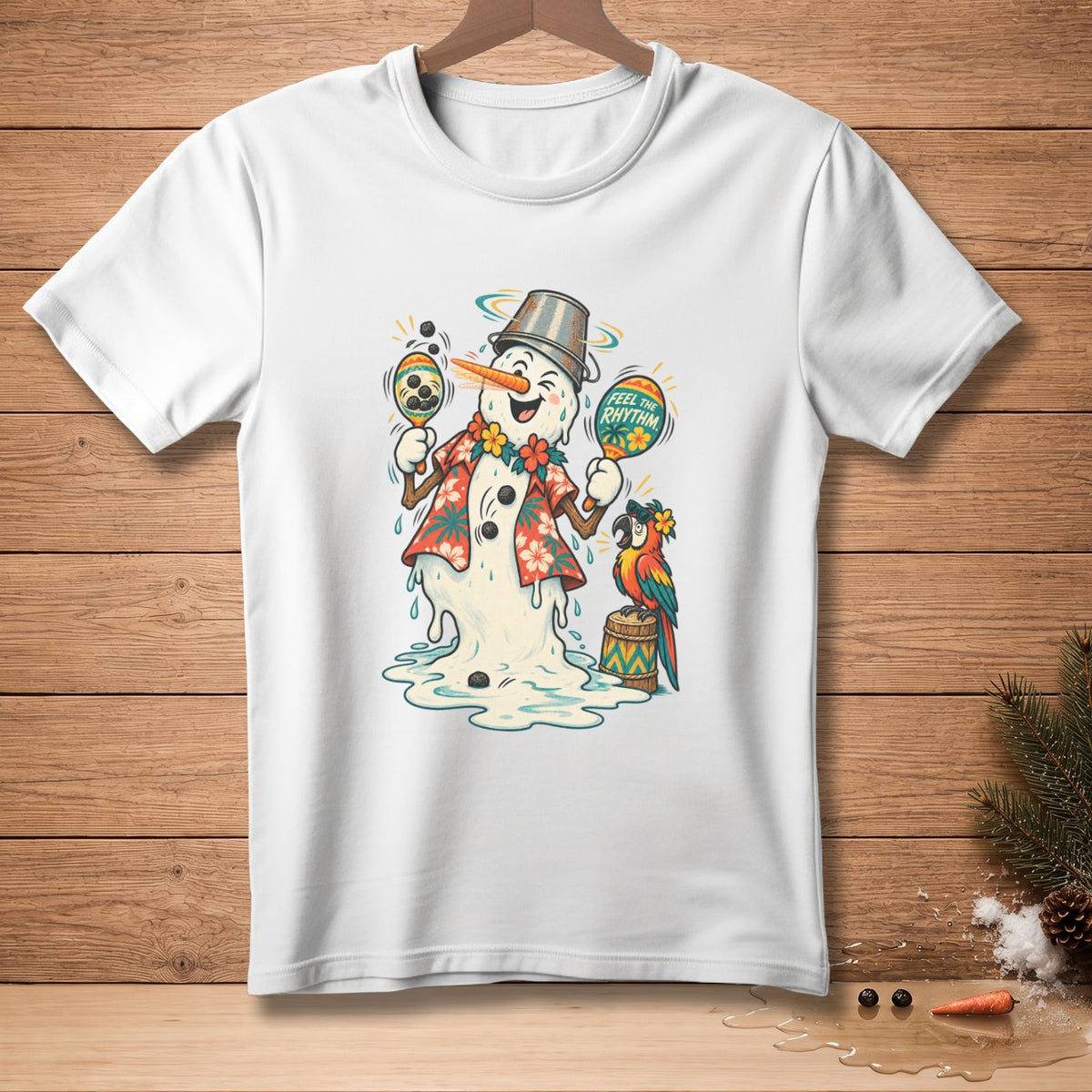 Melting snowman wearing Hawaiian shirt, holding maracas with parrot. "Feel the Rhythm" text.