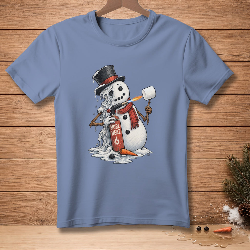 Melting snowman with a blowtorch and marshmallow on a blue t-shirt.