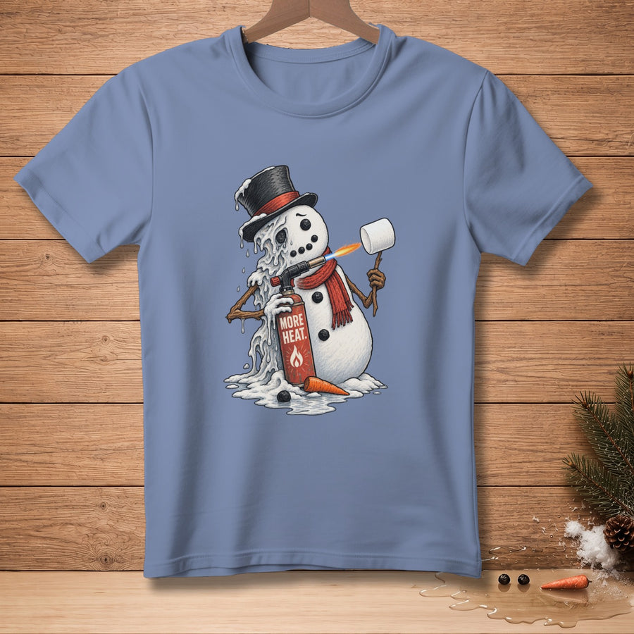 Melting snowman with a blowtorch and marshmallow on a blue t-shirt.