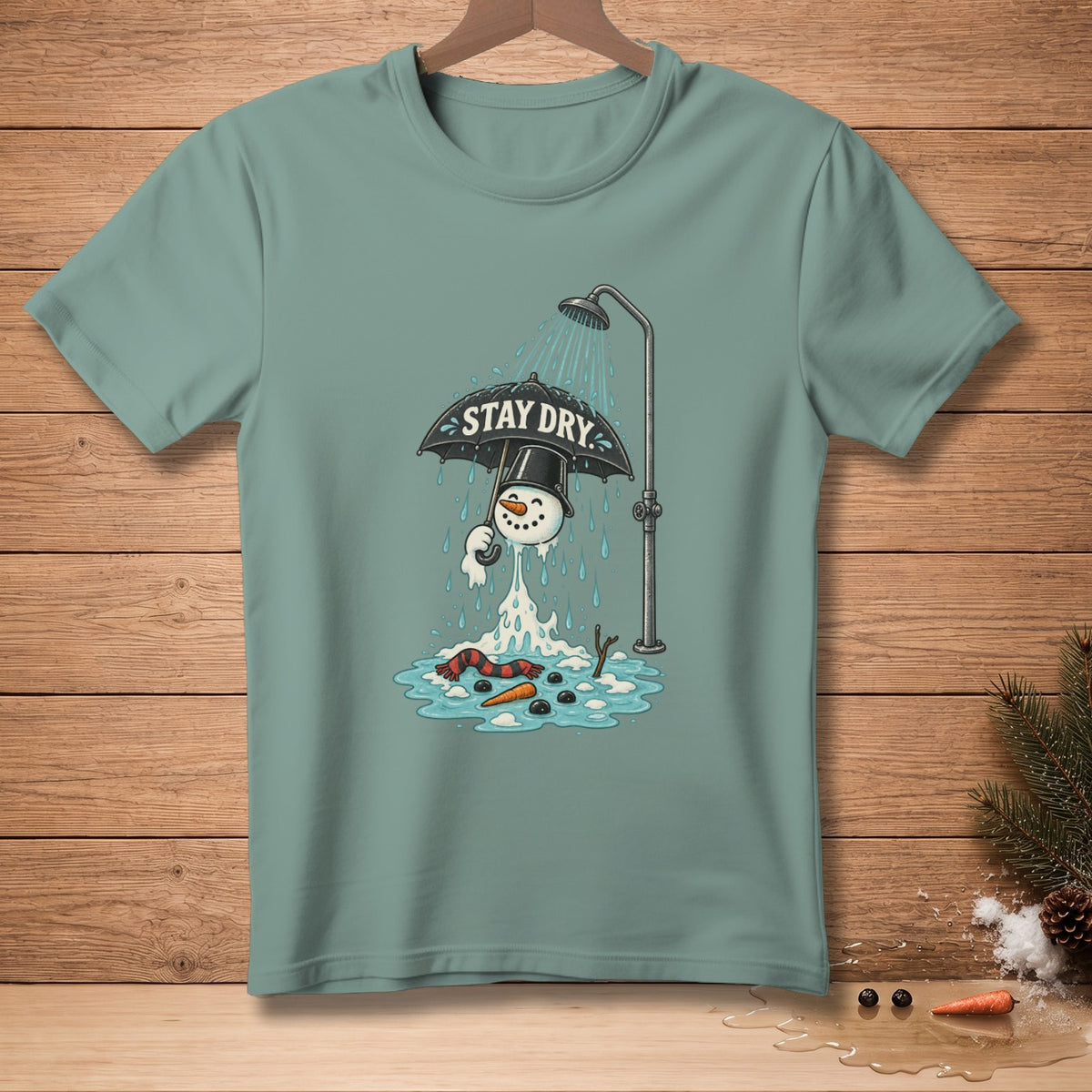 Melting snowman holding umbrella under shower, with "Stay Dry" text.