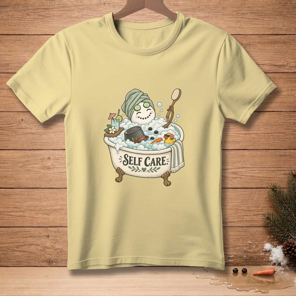 Snowman relaxing in a bathtub with text "SELF CARE" on the tub.