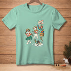 Snowmen dancing cha-cha with a parrot, one melting, with text "AND ONE, TWO, THREE...".