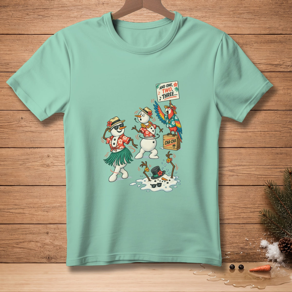 Snowmen dancing cha-cha with a parrot, one melting, with text "AND ONE, TWO, THREE...".