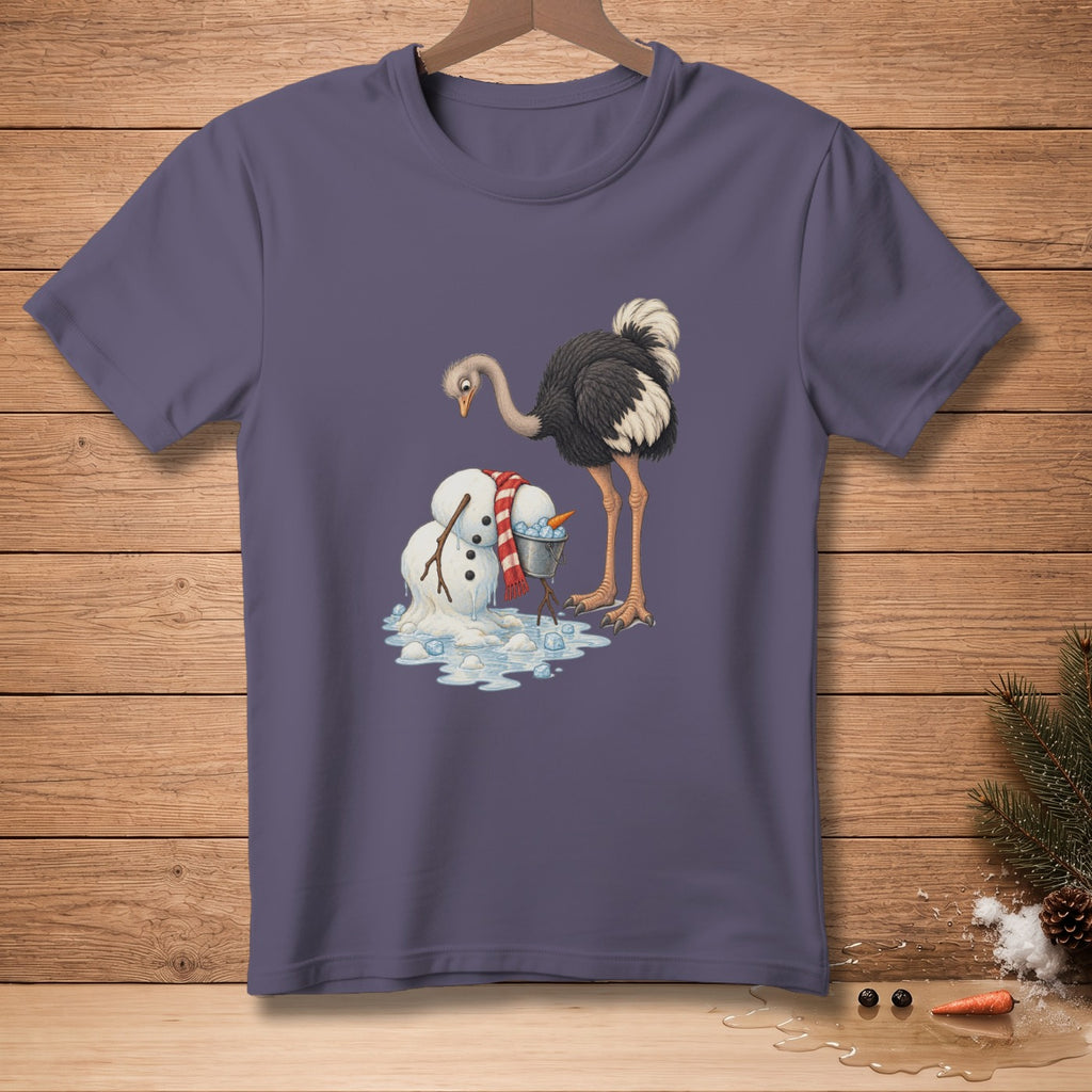 Ostrich looking at a melting snowman with a bucket of snowballs.