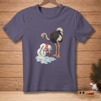 Ostrich looking at a melting snowman with a bucket of snowballs.
