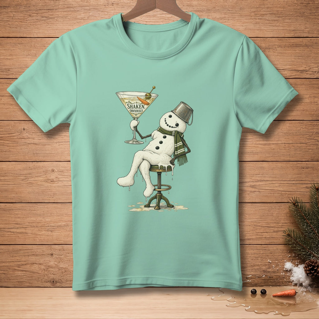 Snowman in scarf holding martini glass with text "SHAKEN, OBVIOUSLY."