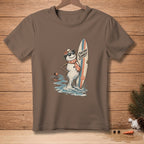 Brown t-shirt with a melting snowman holding a surfboard, text reads "Chasing Summer".