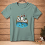 Two snowmen fishing from a wooden dock with fish in the water.