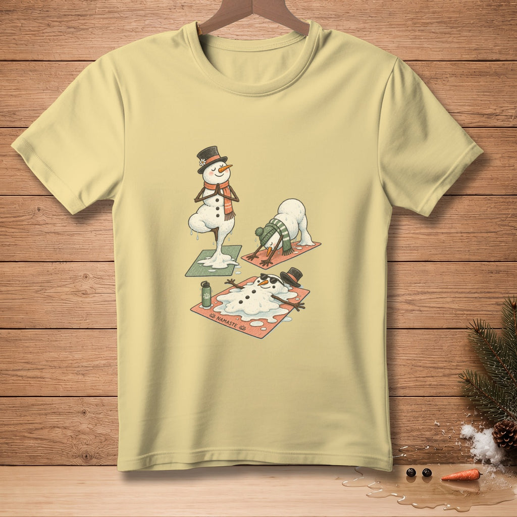 Three snowmen do yoga poses on mats with melting snow.