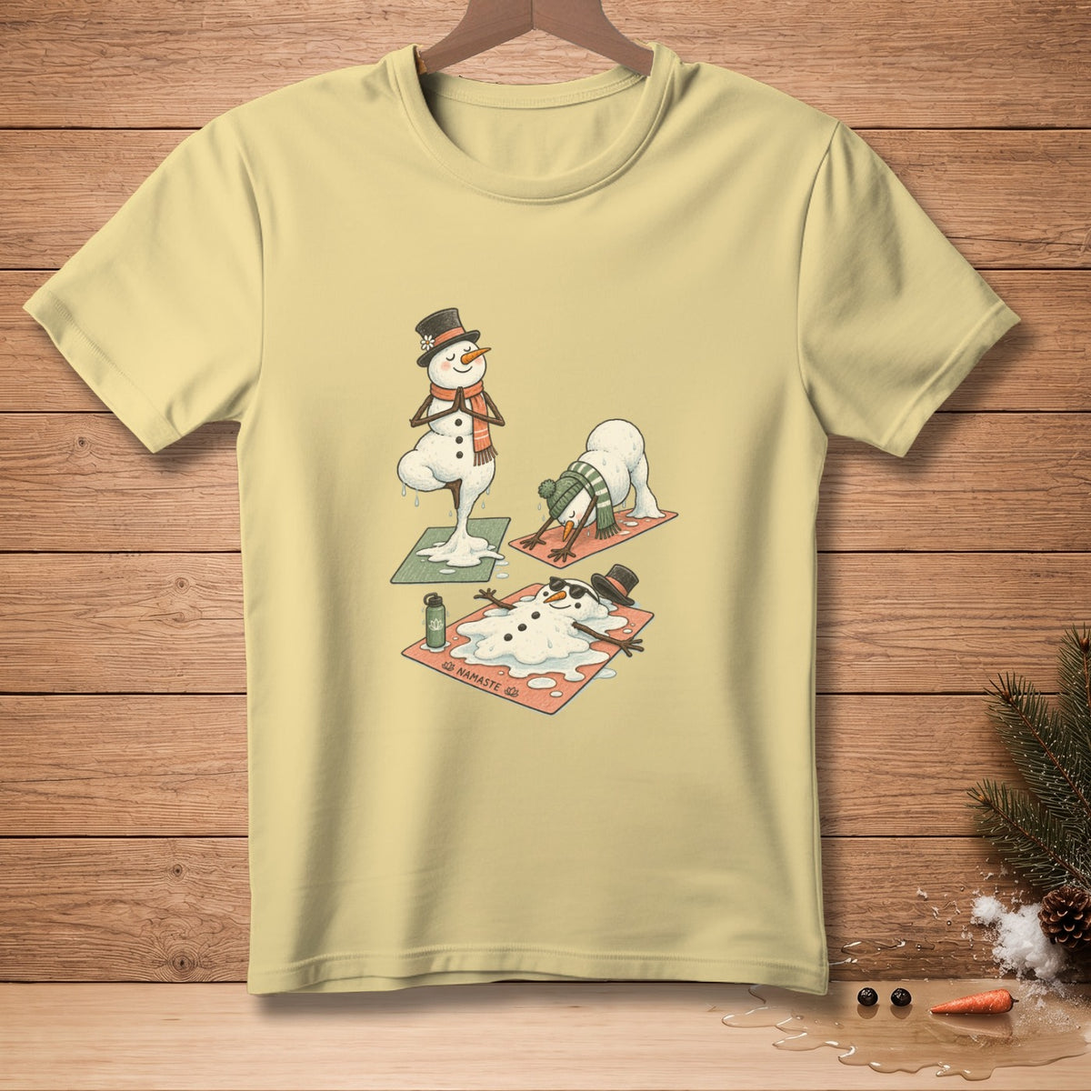Three snowmen do yoga poses on mats with melting snow.