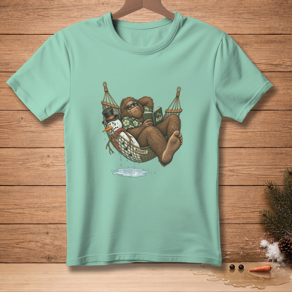 Bigfoot relaxes in a hammock with a snowman and reads a book.