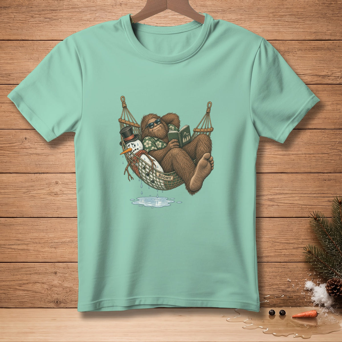 Bigfoot relaxes in a hammock with a snowman and reads a book.