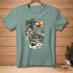 Snowmen playing poker on a beach under a palm tree and umbrella, "All In" text visible.