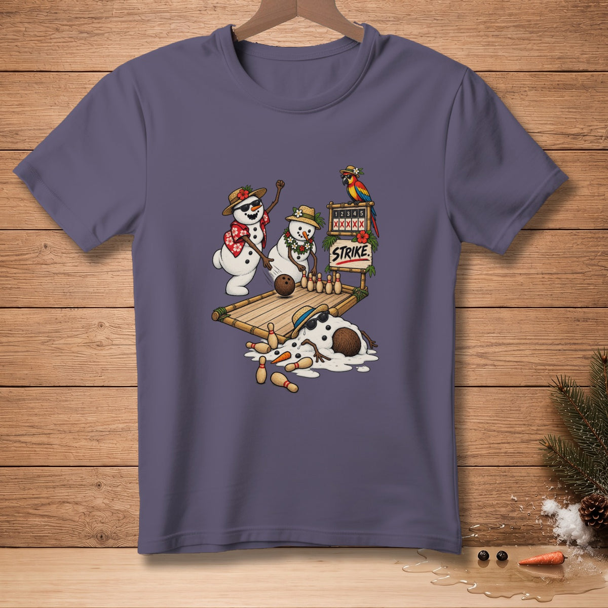 Two snowmen bowling, one scores a strike, a melting snowman lays defeated.