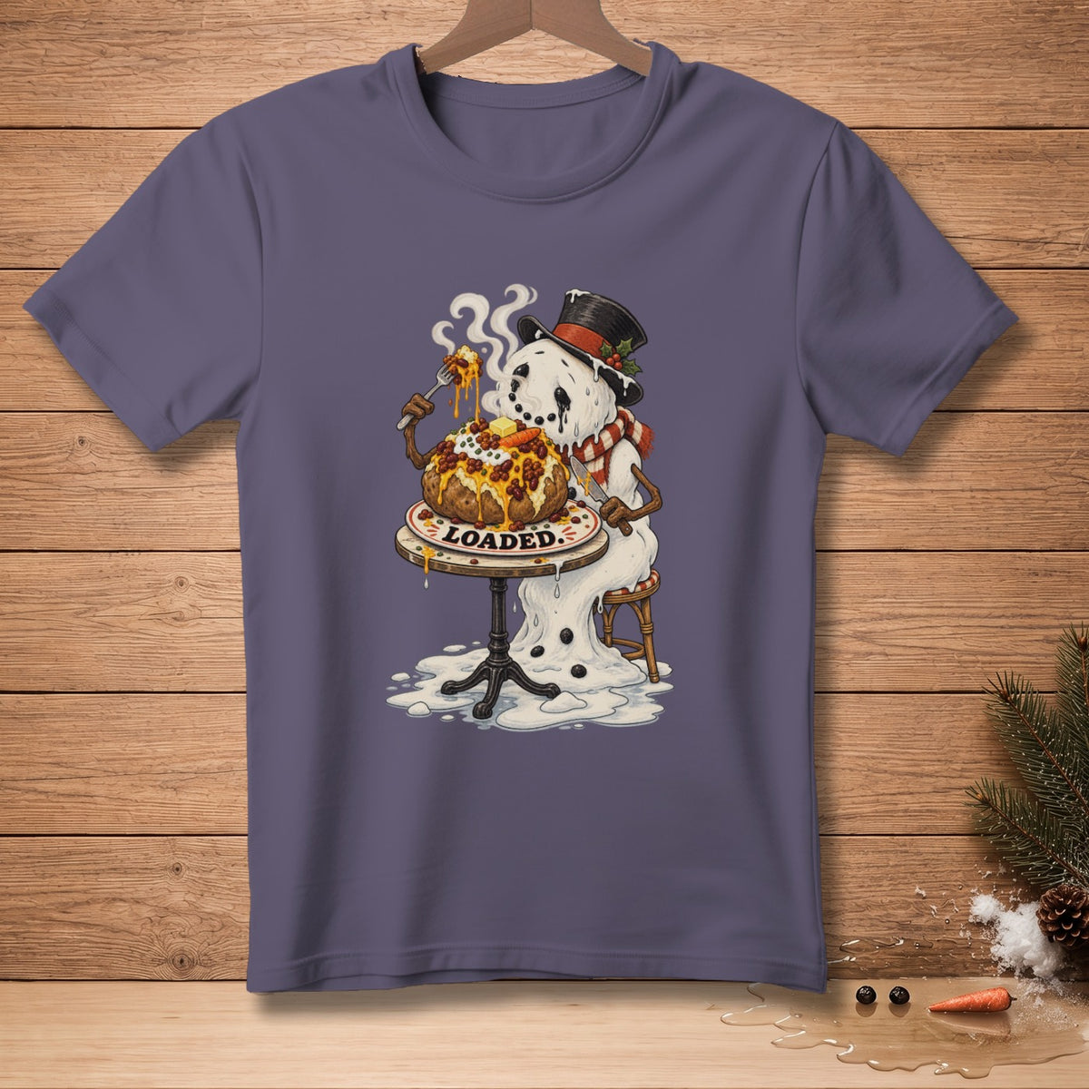 Melting snowman eating loaded baked potato with "LOADED." text on plate.