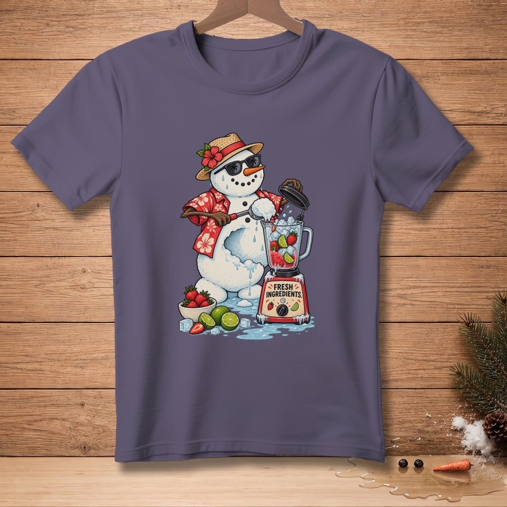Snowman in Hawaiian shirt and sunglasses blending fruit and ice.