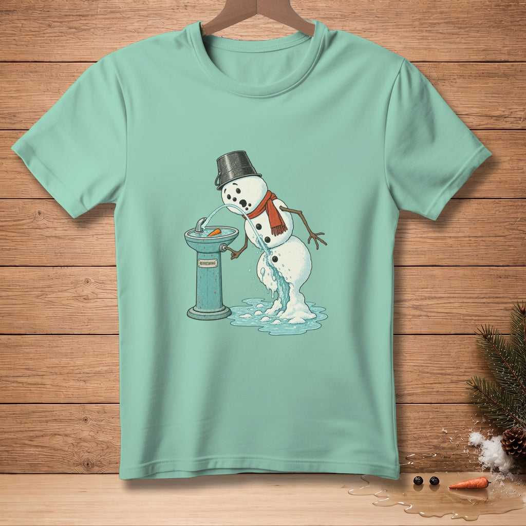 Melting snowman with carrot nose drinks from a "Refreshing" water fountain.
