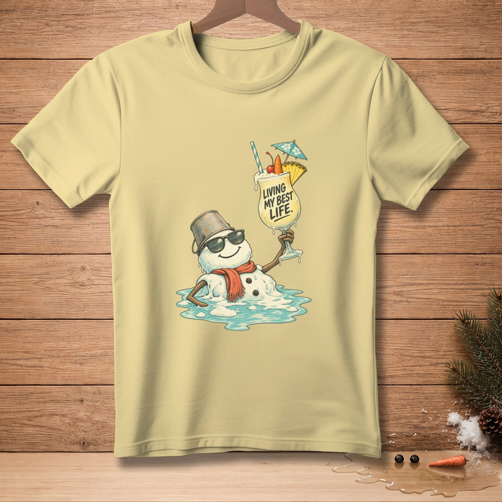 Melting snowman in sunglasses holding cocktail with "Living My Best Life" text.