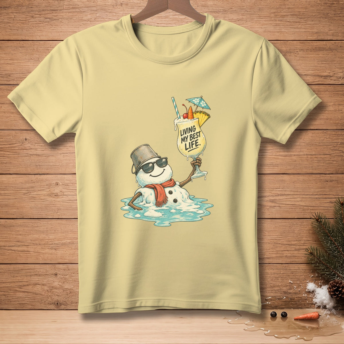 Melting snowman in sunglasses holding cocktail with "Living My Best Life" text.