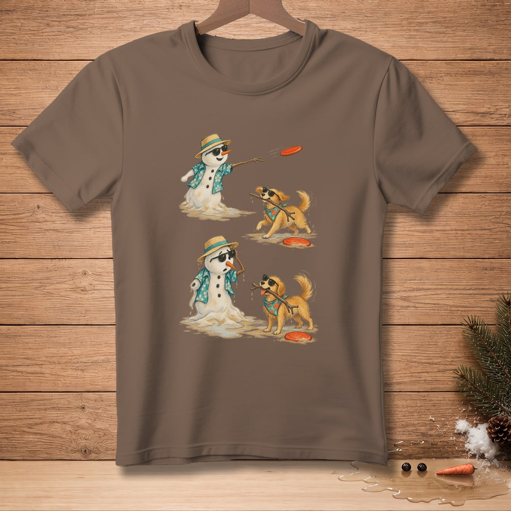 Two melting snowmen wearing Hawaiian shirts and sunglasses play frisbee with dogs.