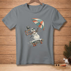 Snowman on skateboard holding umbrella, with text "I MEANT TO DO THAT".