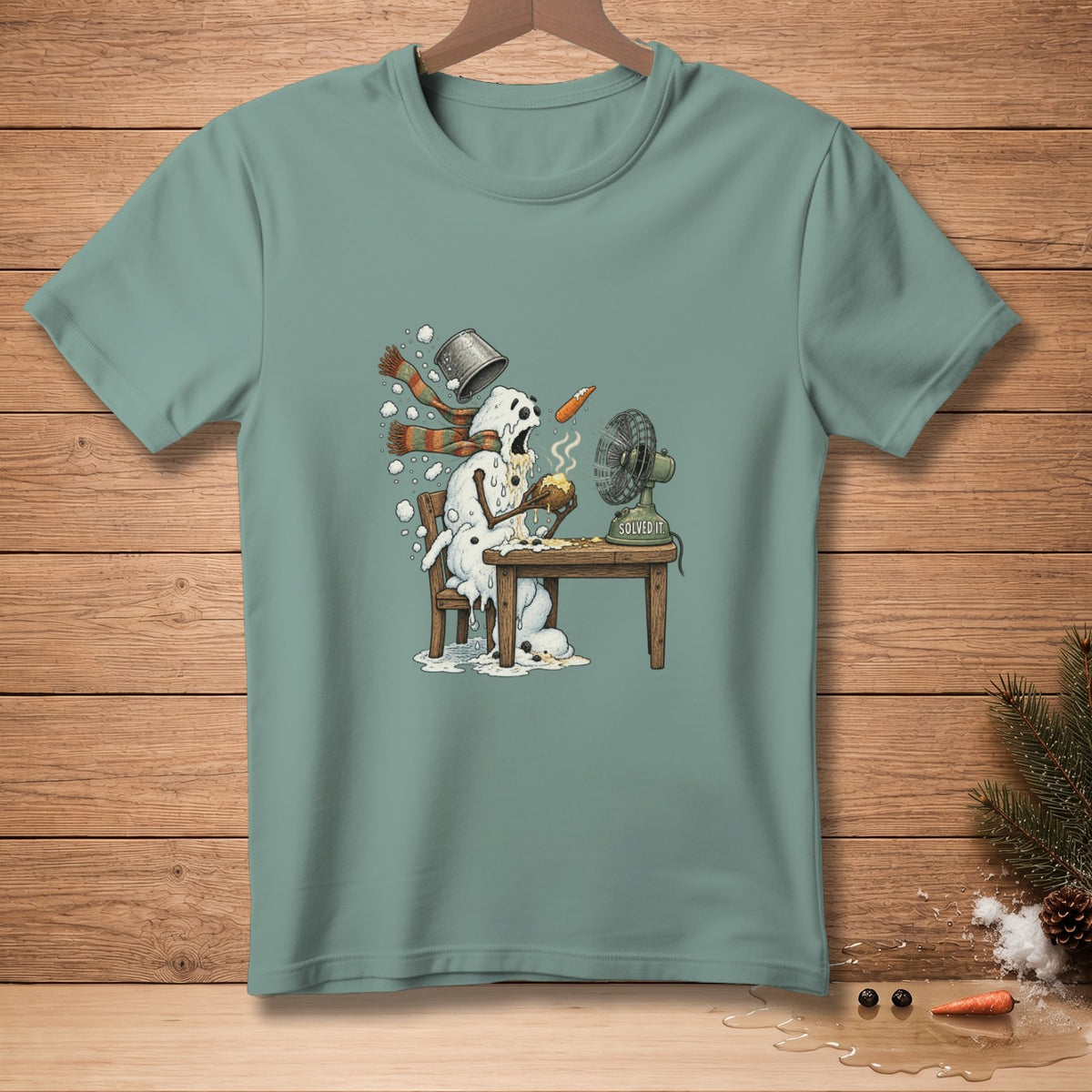 Melting snowman sitting at a table with a fan labeled "SOLVED IT."
