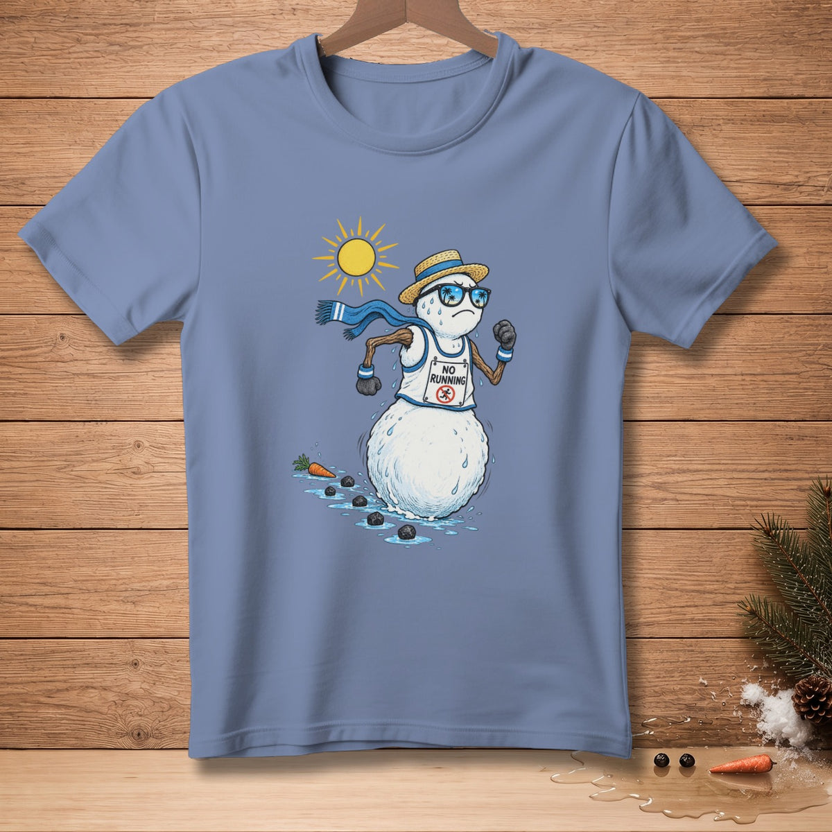 Snowman running in the sun wearing a straw hat and sunglasses, "No Running" sign.