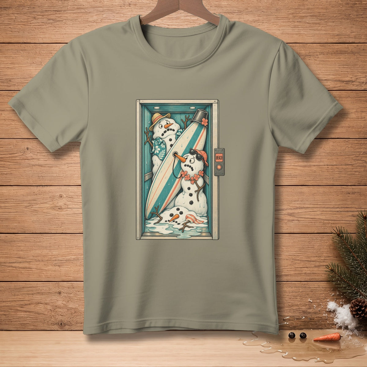 T-shirt with a graphic of melting snowmen in an elevator with a surfboard.