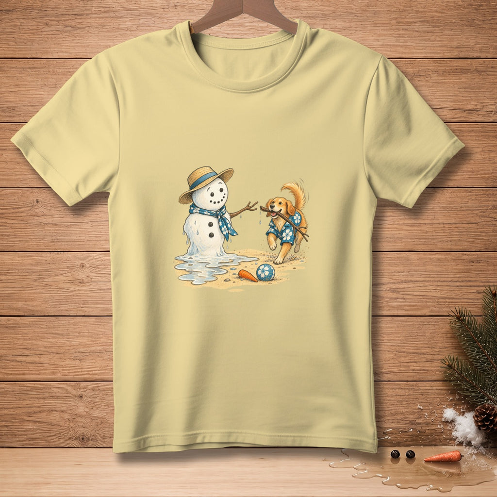 Golden retriever plays with a melting snowman, wearing a blue shirt with flowers.