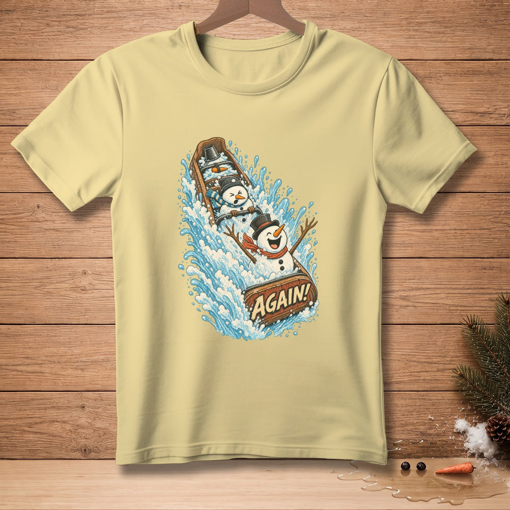 Snowmen in a boat with a sign that says "AGAIN!" splashing water.