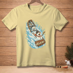 Snowmen in a boat with a sign that says "AGAIN!" splashing water.