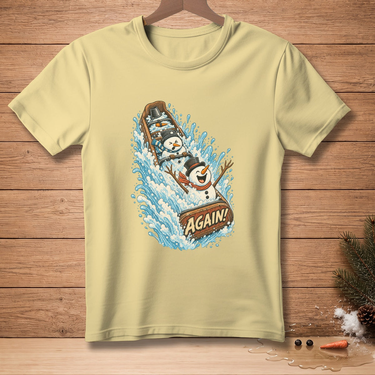 Snowmen in a boat with a sign that says "AGAIN!" splashing water.