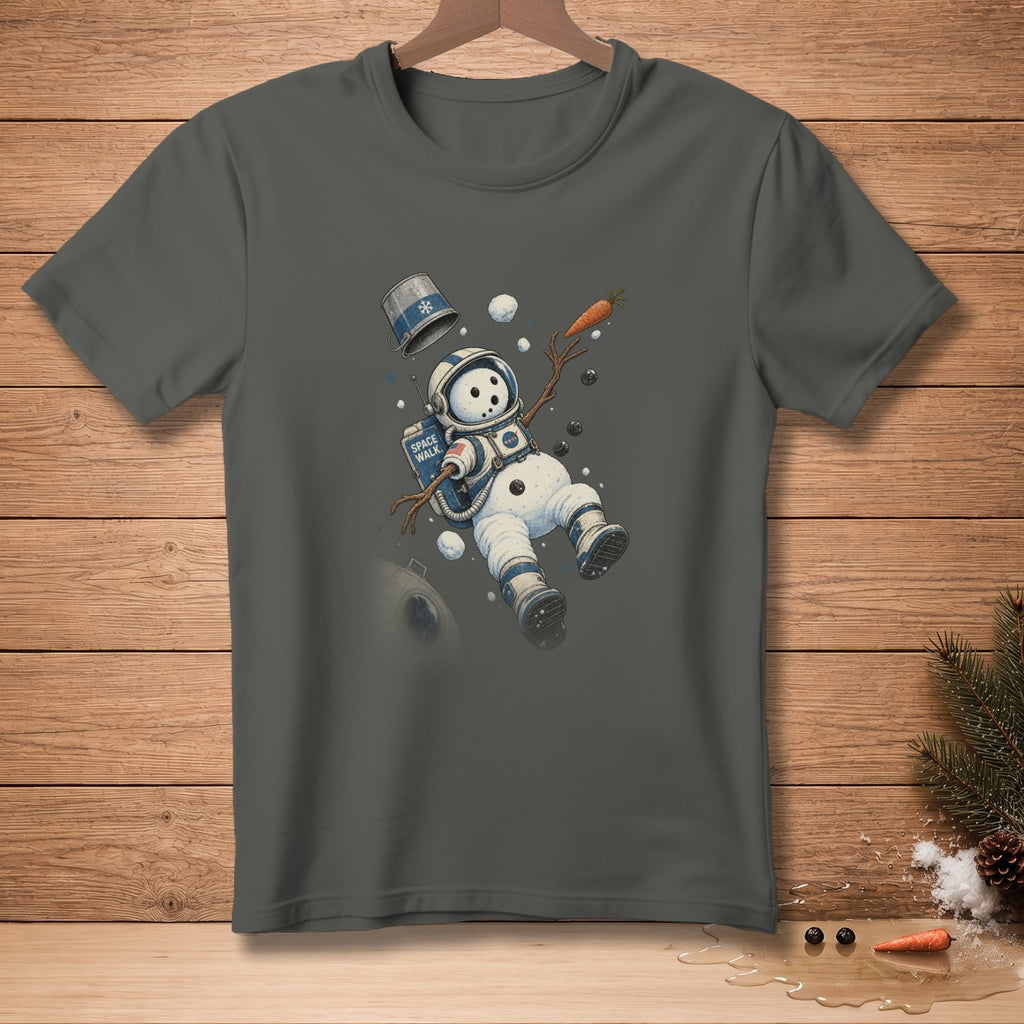 Snowman astronaut in a suit floats with "SPACE WALK" text on a dark t-shirt.