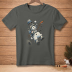 Snowman astronaut in a suit floats with "SPACE WALK" text on a dark t-shirt.