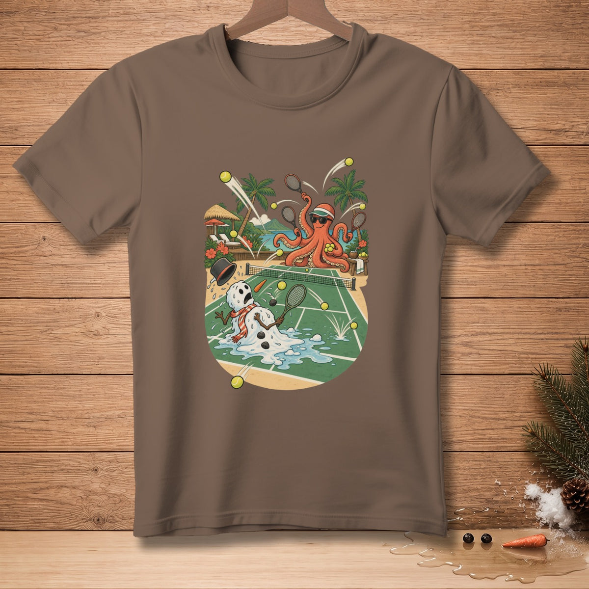 Octopus playing tennis on tropical court with melting snowman.