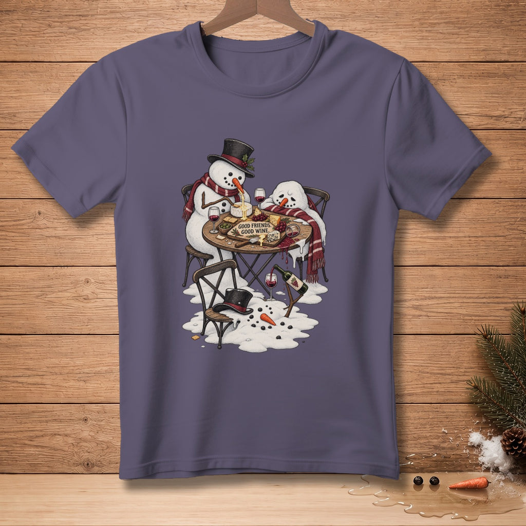 Two snowmen enjoy wine and cheese with text: "Good Friends, Good Wine."